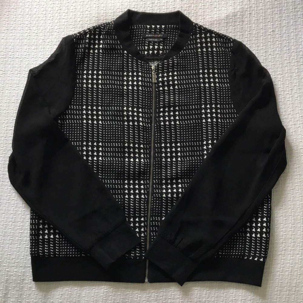 BCBG Maxazria Sheer Sleeve Zip Up Baseball-Style Jacket